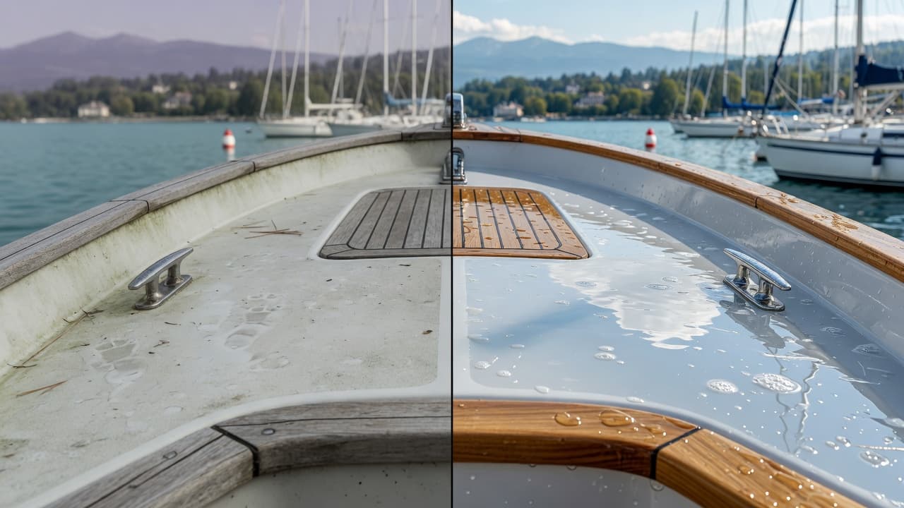 Avant / après — pont de bateau nettoyé sur le Léman